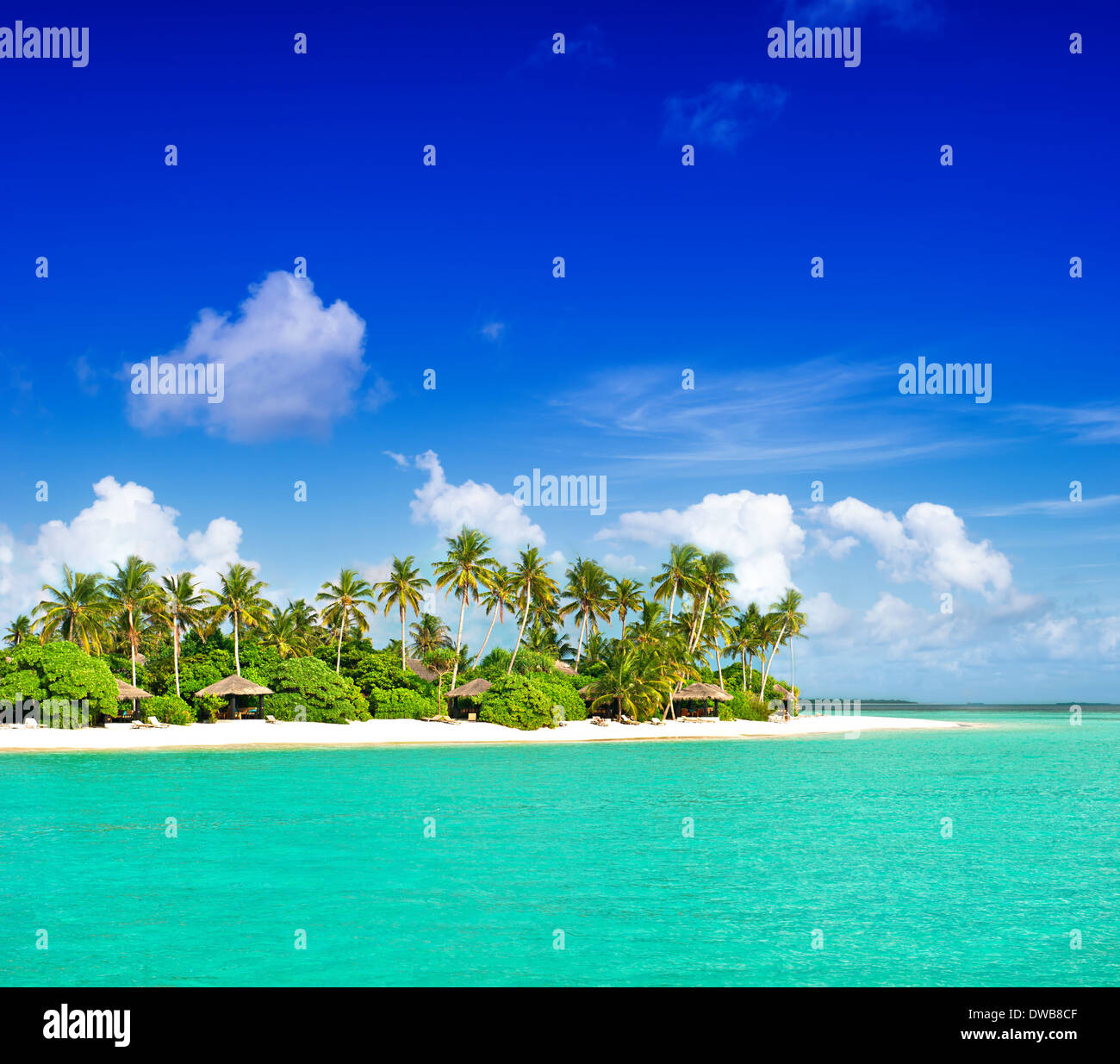 Paysage de l'île tropicale plage avec palmiers et ciel nuageux ciel bleu Banque D'Images