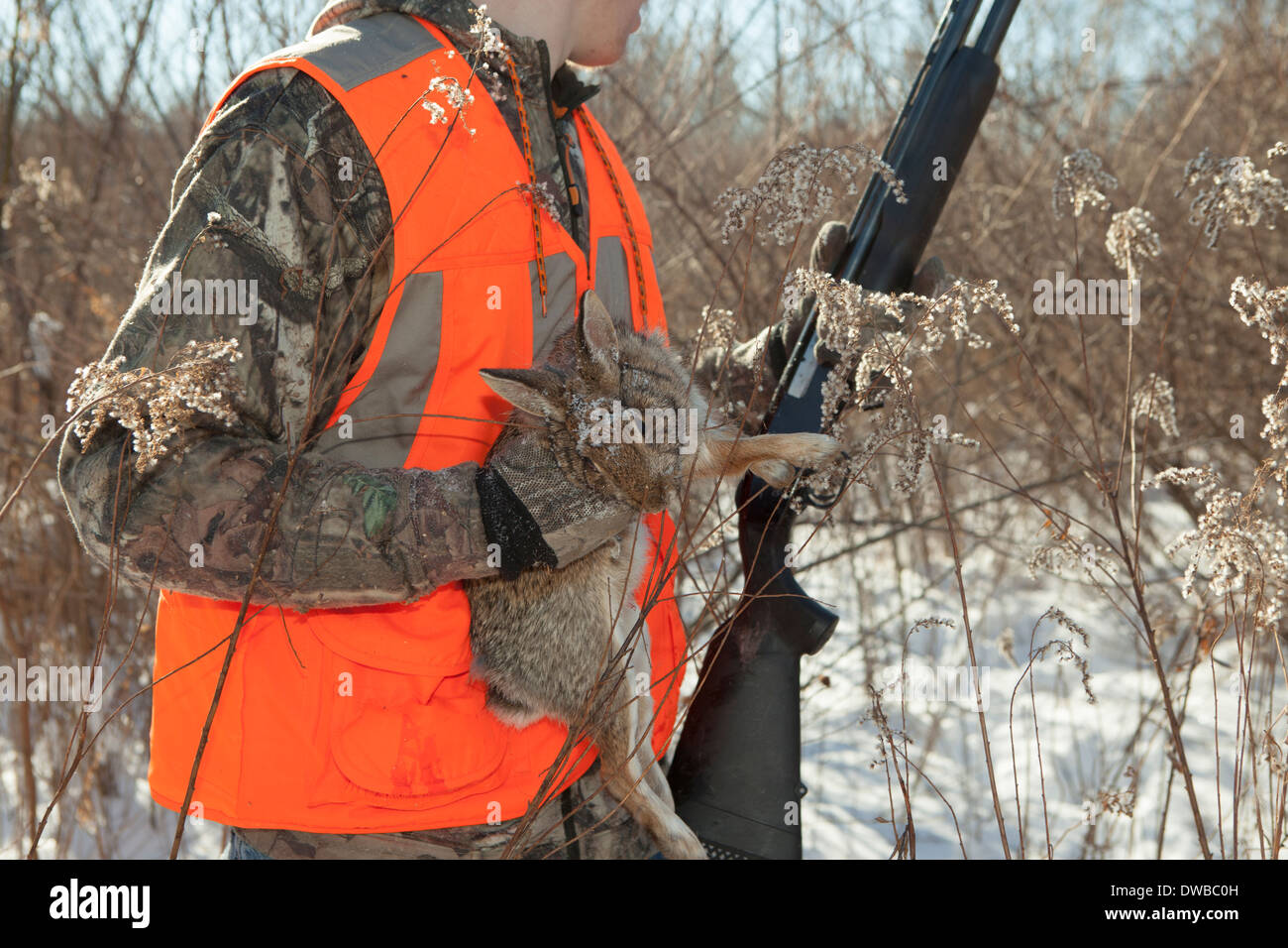 Teenage boy holding rabbit morts dans Petersburg State Game Zone, Michigan, USA Banque D'Images