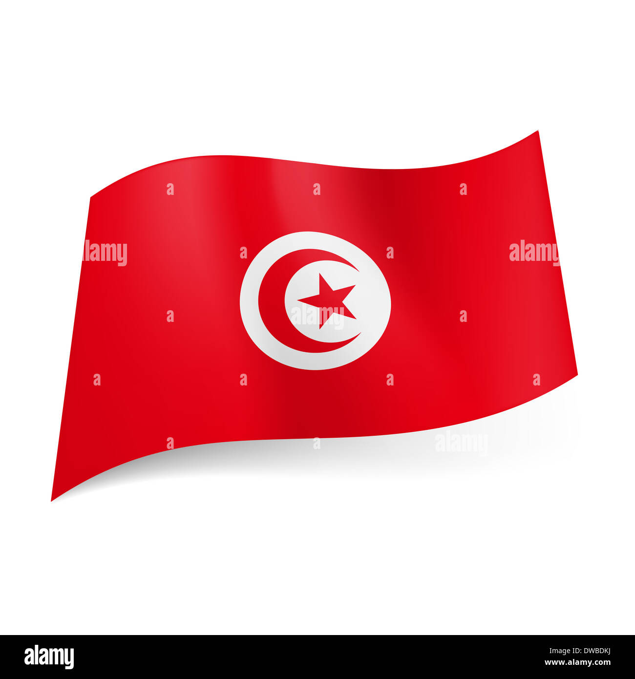Drapeau national de la Tunisie : croissant de lune et étoile dans un cercle blanc sur fond rouge. Banque D'Images