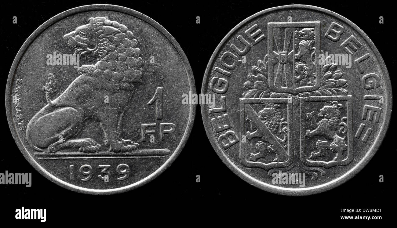 Pièce de 1 Franc, lion, Belgique, 1939 Banque D'Images