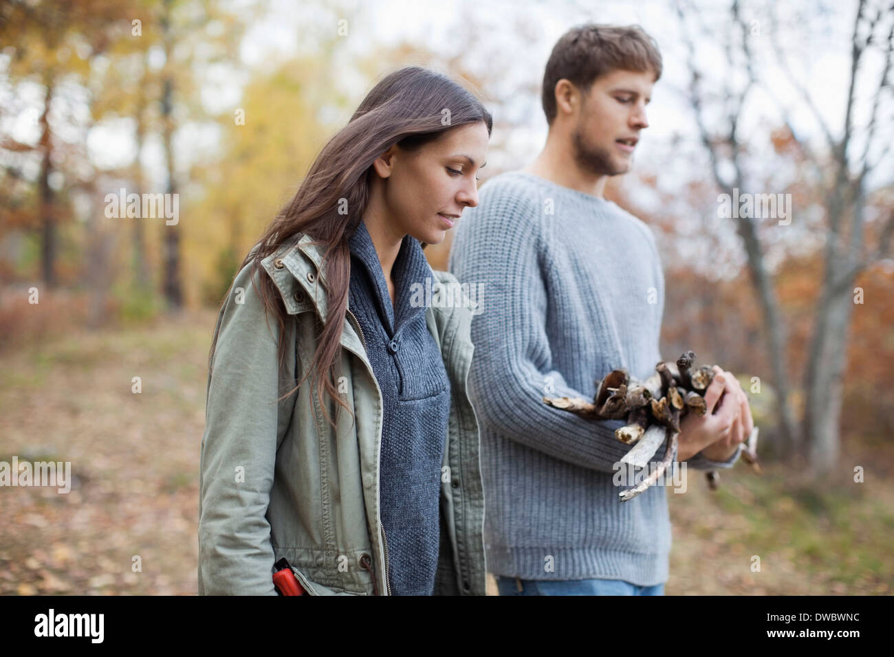 Couple avec bois de chauffage en forêt Banque D'Images