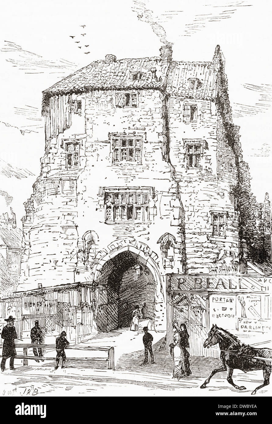 La Porte Noire, le châtelet fortifié du château, Newcastle-upon-Tyne, en Angleterre au 19e siècle Banque D'Images