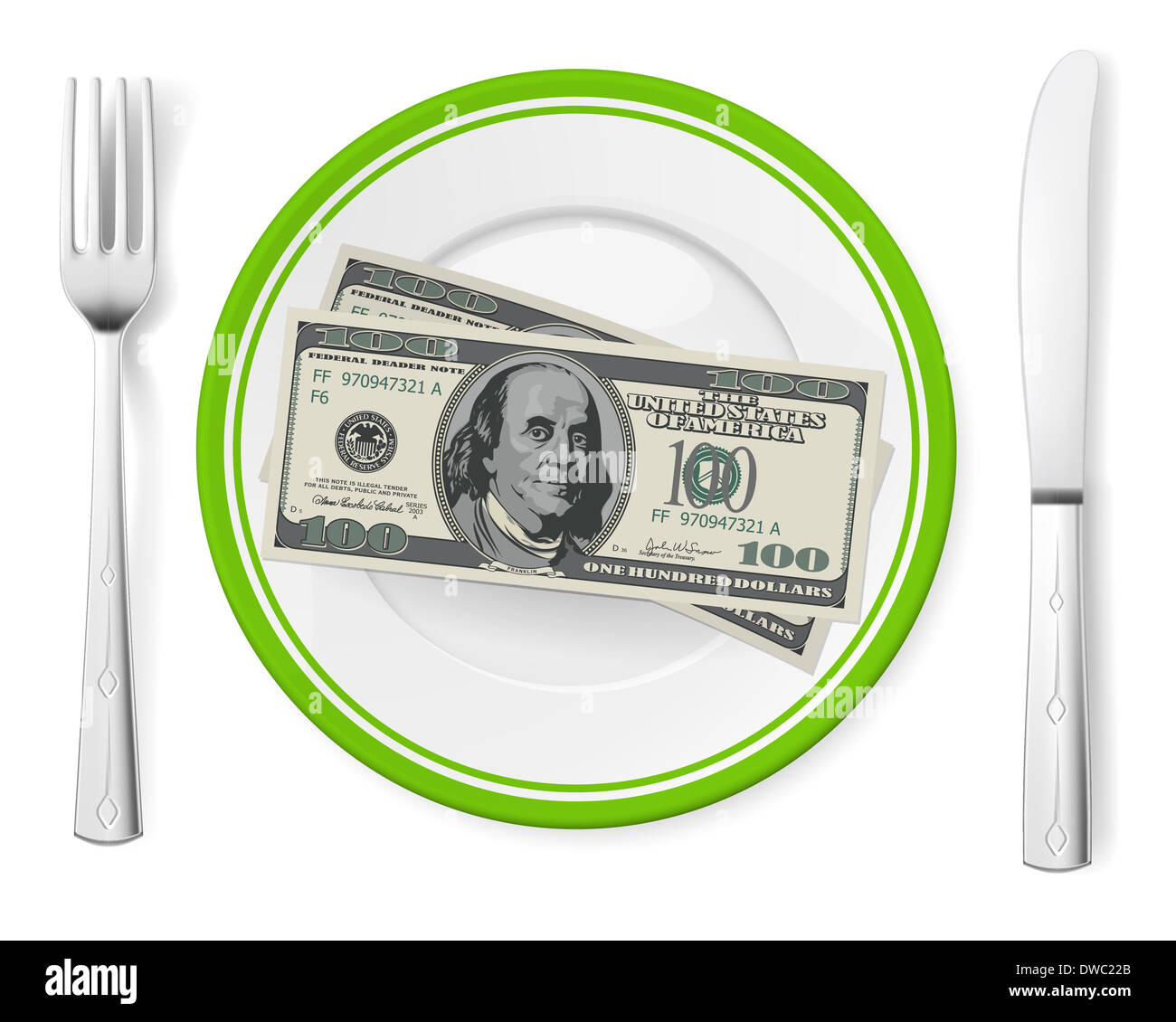 Billets en euros sur une assiette. Illustration on white Banque D'Images