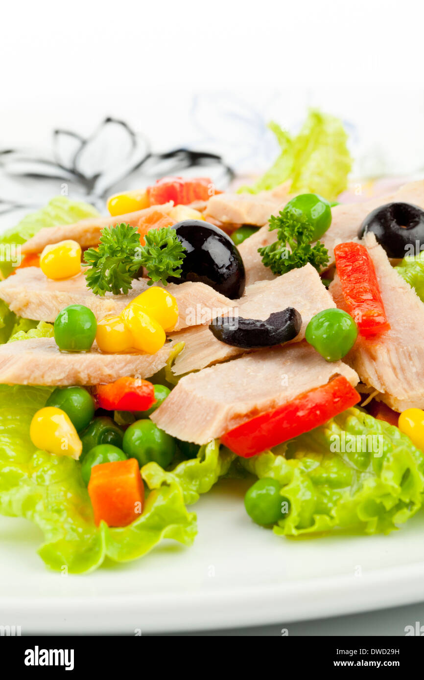 Le thon en morceaux avec une salade verte et de légumes Banque D'Images Le thon en morceaux avec une salade verte et de légumes Banque D'Images