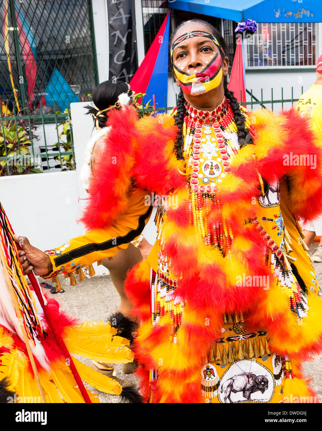 Port of Spain, Trinidad, 4 mars 2014. Masquerader de style Amérindien costumes dans la Port d'Espagne Carnaval. Crédit : Tom Arne Hanslien/Alamy Live News Banque D'Images