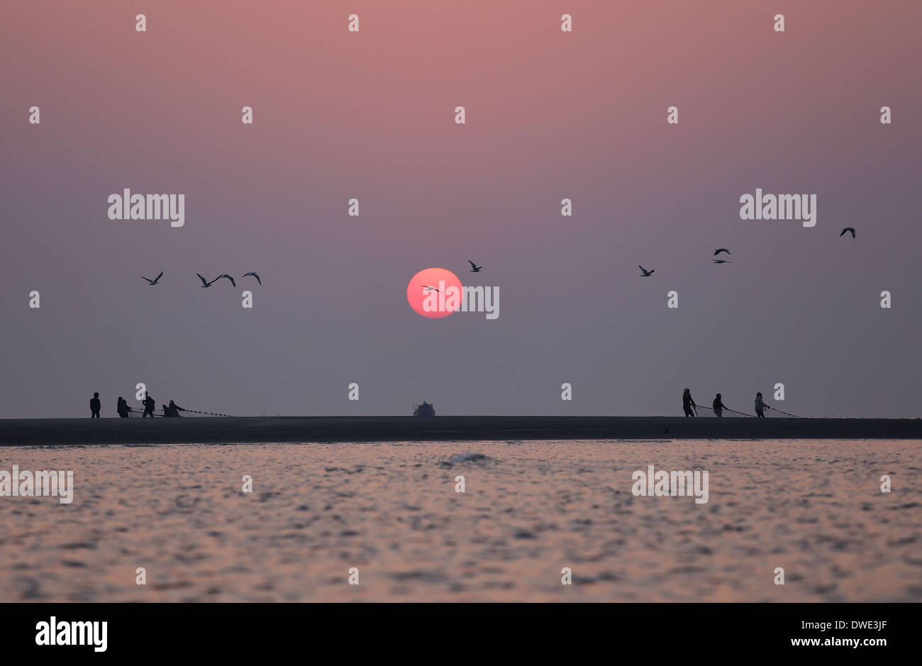 Lever du soleil sur la mer avec les oiseaux en plein vol à Kuakata, Bangladesh Banque D'Images