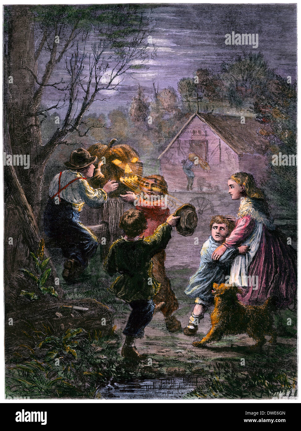 Les enfants avec un Halloween jack-o'lantern, 1860. À la main, gravure sur bois Banque D'Images