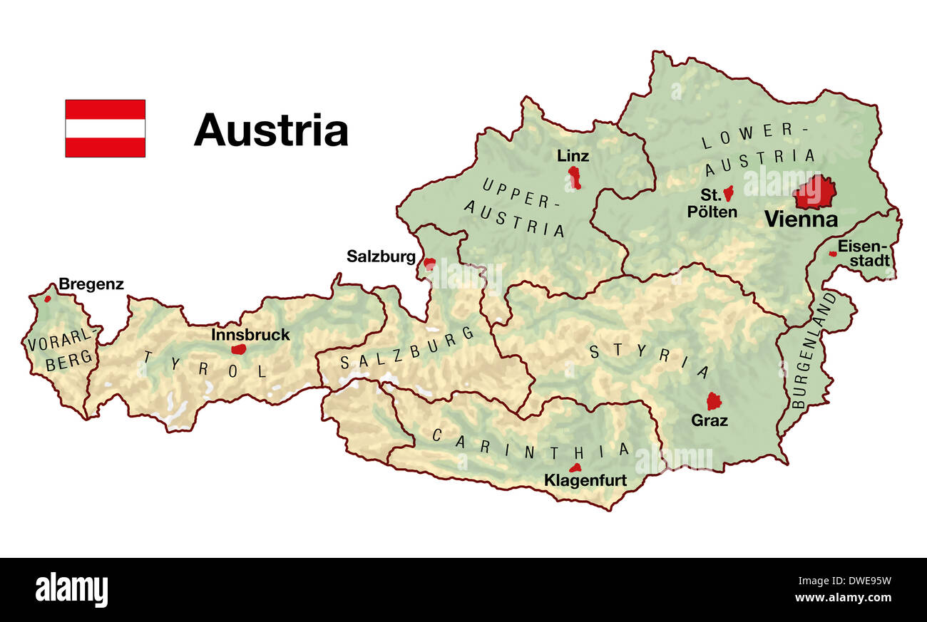 Carte topographique de l'Autriche en Europe avec les villes, les Etats fédéraux, les frontières et d'un drapeau. Banque D'Images