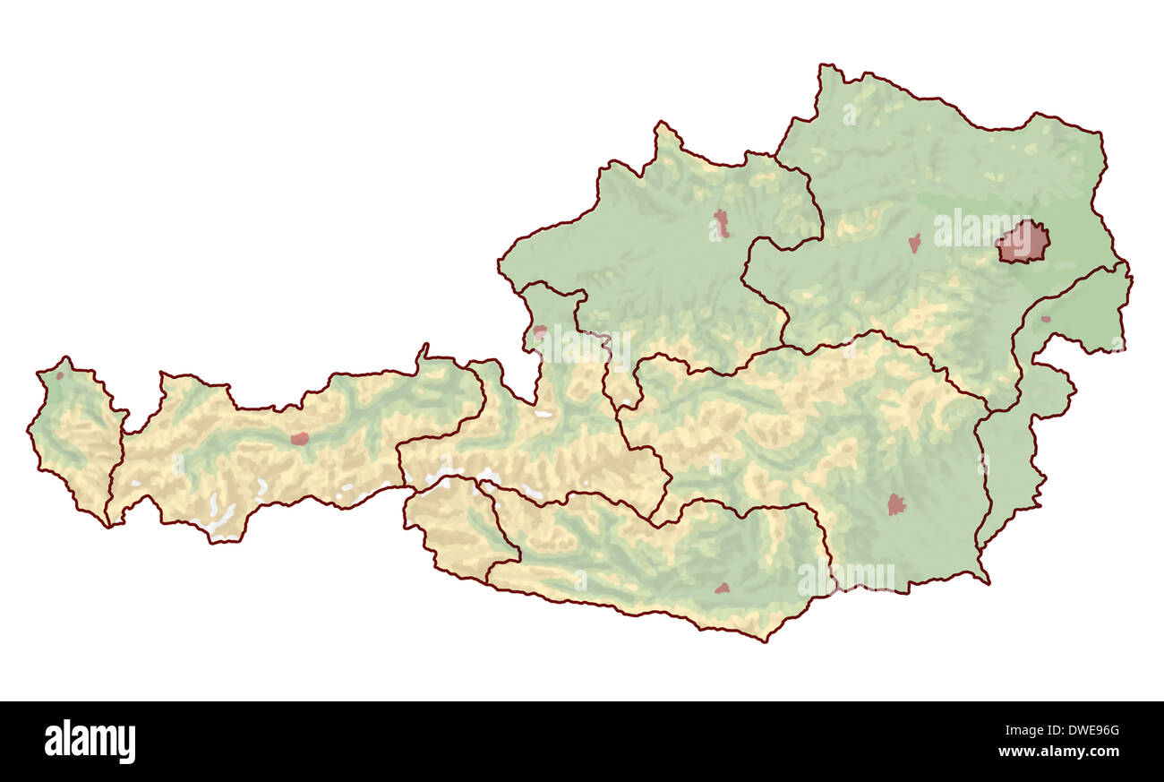 Carte topographique de l'Autriche dans l'Europe, qui n'est pas étiqueté. Les frontières des villes et les neuf provinces sont visibles. Banque D'Images