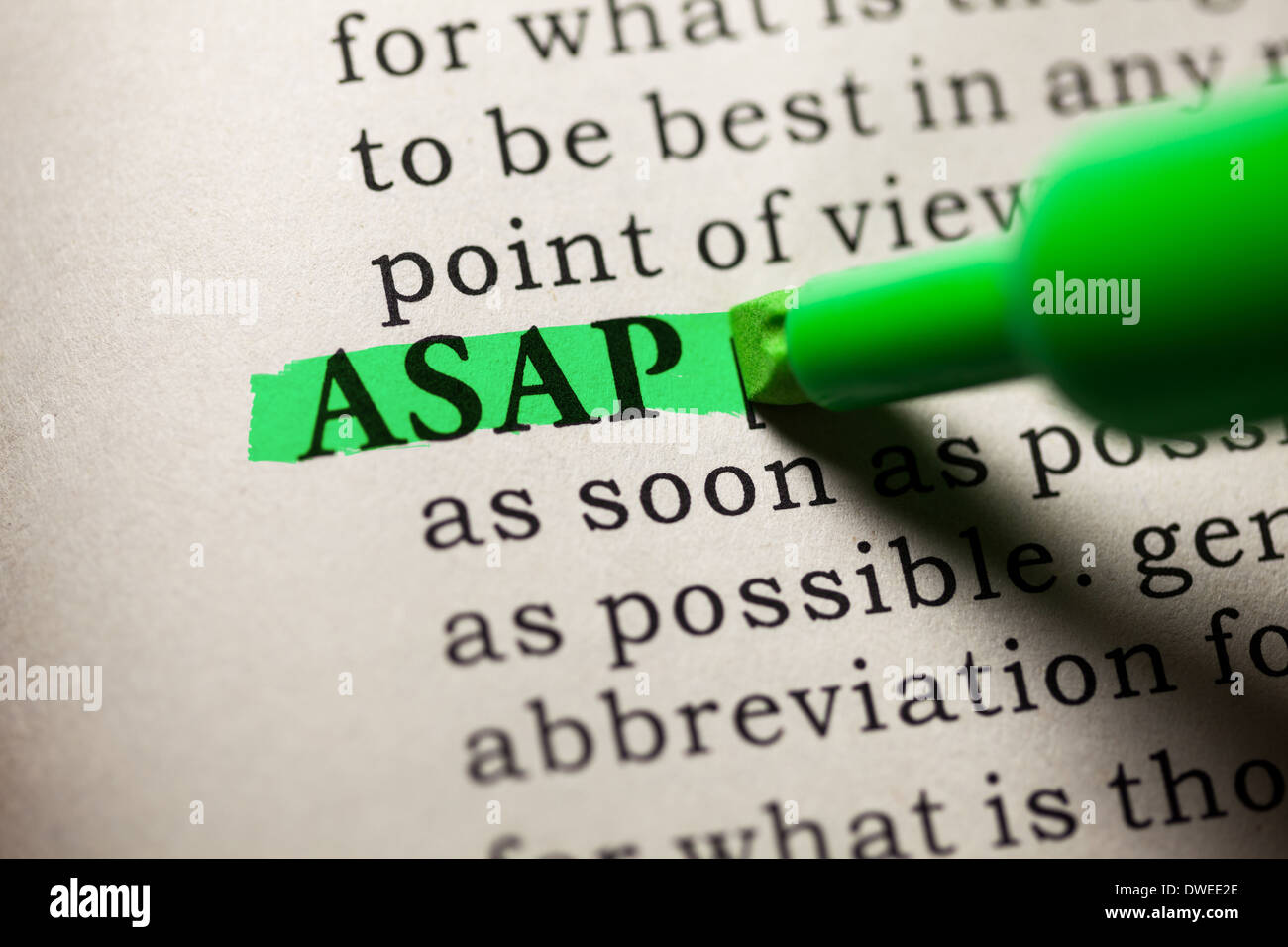 Faux dictionnaire, dictionnaire définition du mot ASAP. Dès que possible Banque D'Images