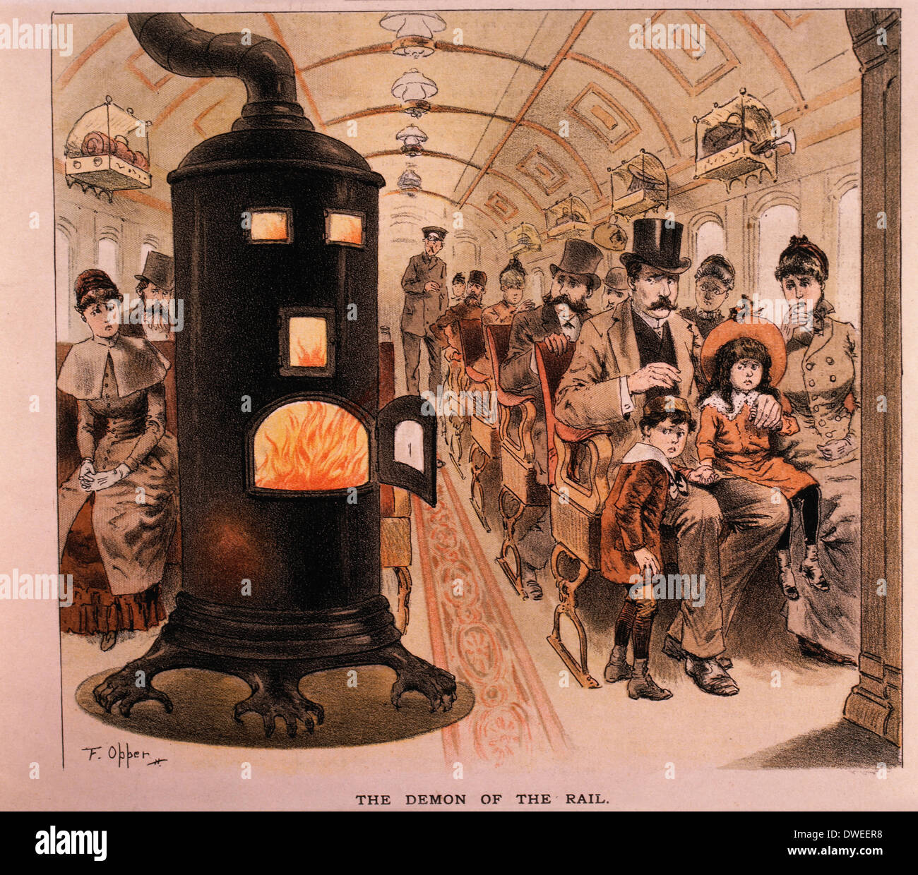 Le démon du rail, Coal-Burning cuisinière en voiture de train de voyageurs, Puck Magazine, Hand-Colored gravure, 1887 Banque D'Images