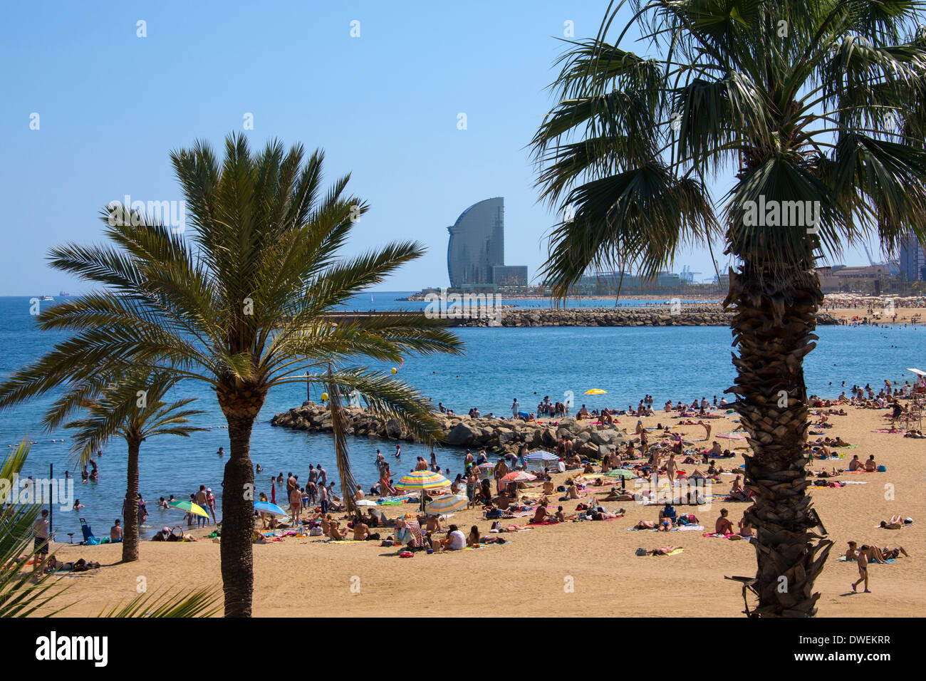 L'une des plages de Barcelone (Platja de la Nova Icaria) près du Port Olympique de Barcelone dans la région de Catalogne en Espagne. Banque D'Images