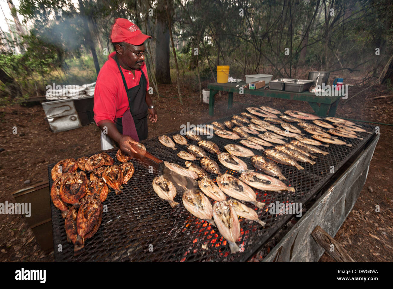 Un cuisinier grillades de poisson rougets pêchés localement sur Sapelo Island, Géorgie. Une communauté Gullah historique isolé occupé par les descendants des esclaves sur une île de la mer au large de la côte de la Géorgie. Banque D'Images