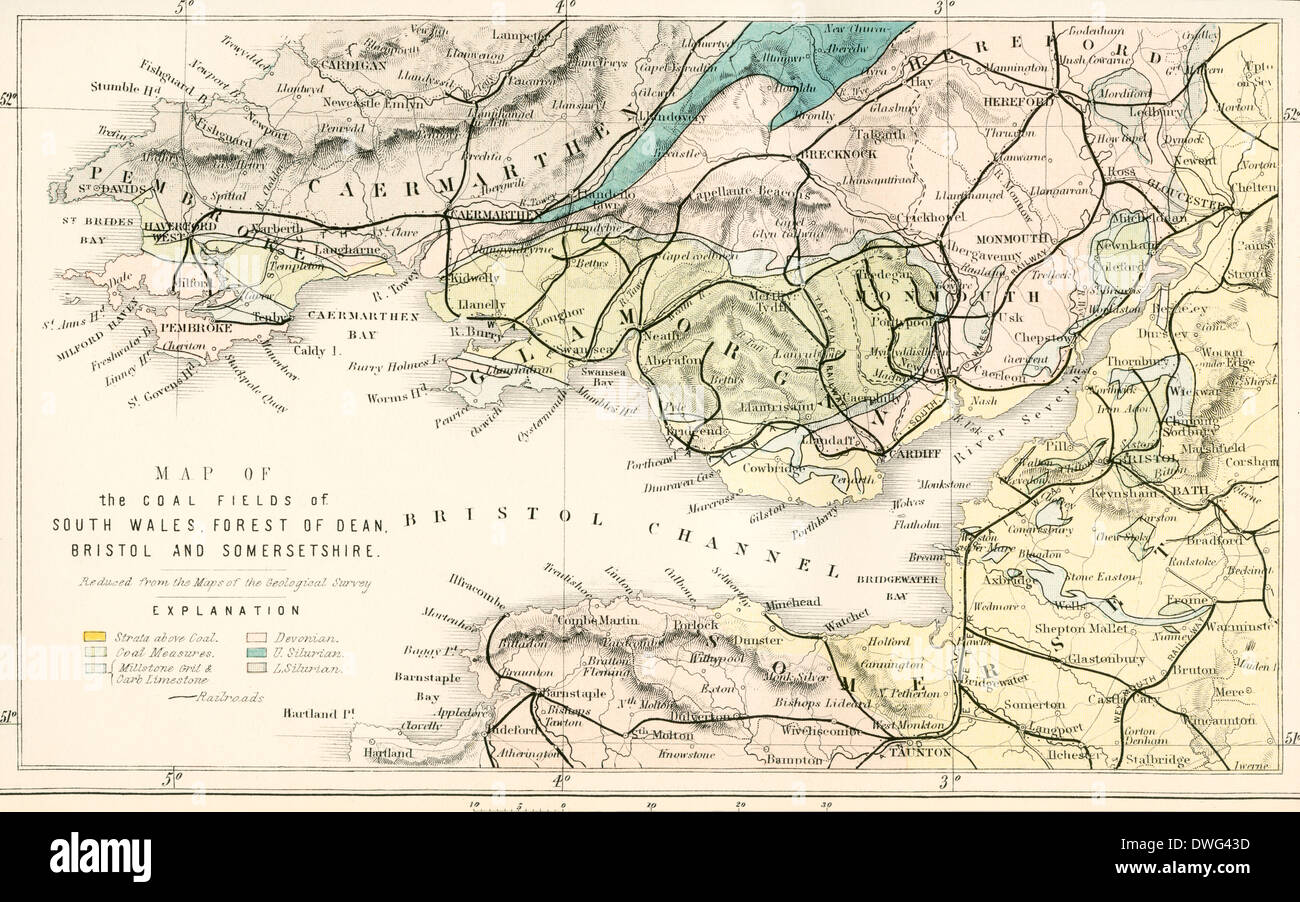 Carte montrant les zones minières du sud du Pays de Galles, forêt de Dean, Bristol et Somersetshire au 19e siècle. Banque D'Images