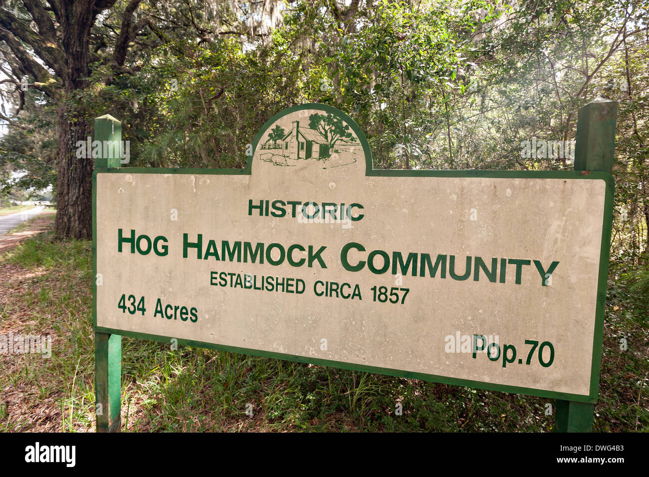 Pancarte "Hog communauté hamac sur Sapelo Island, Géorgie. Une communauté Gullah historique isolé occupé par les descendants des esclaves sur une île de la mer au large de la côte de la Géorgie. Banque D'Images