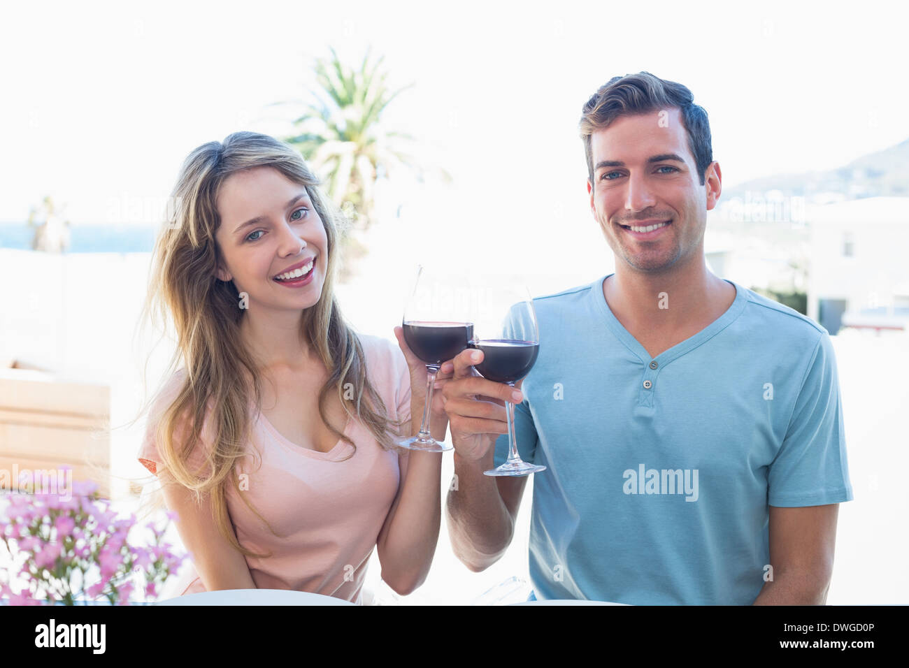 Jeune couple toasting wine glasses Banque D'Images