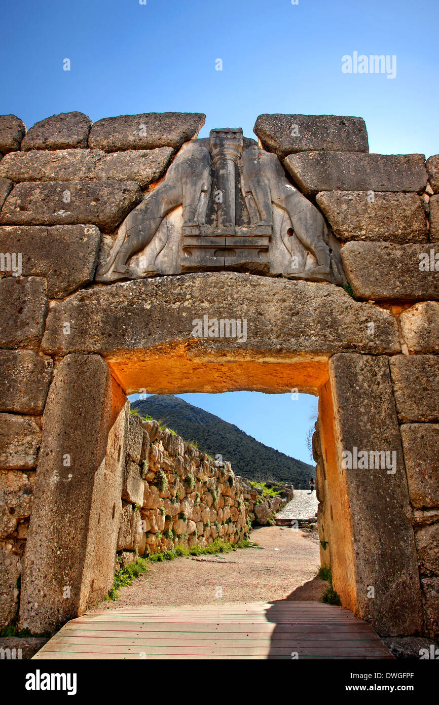 Le Lion Gate dans l'ancienne Mycènes (Mykines), Argolide (Argolide, Péloponnèse, Grèce) Banque D'Images
