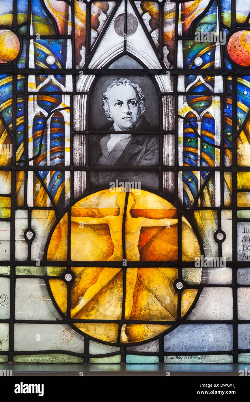 London Battersea, Portrait de William Blake dans une fenêtre côté nord de St Mary's Church Banque D'Images