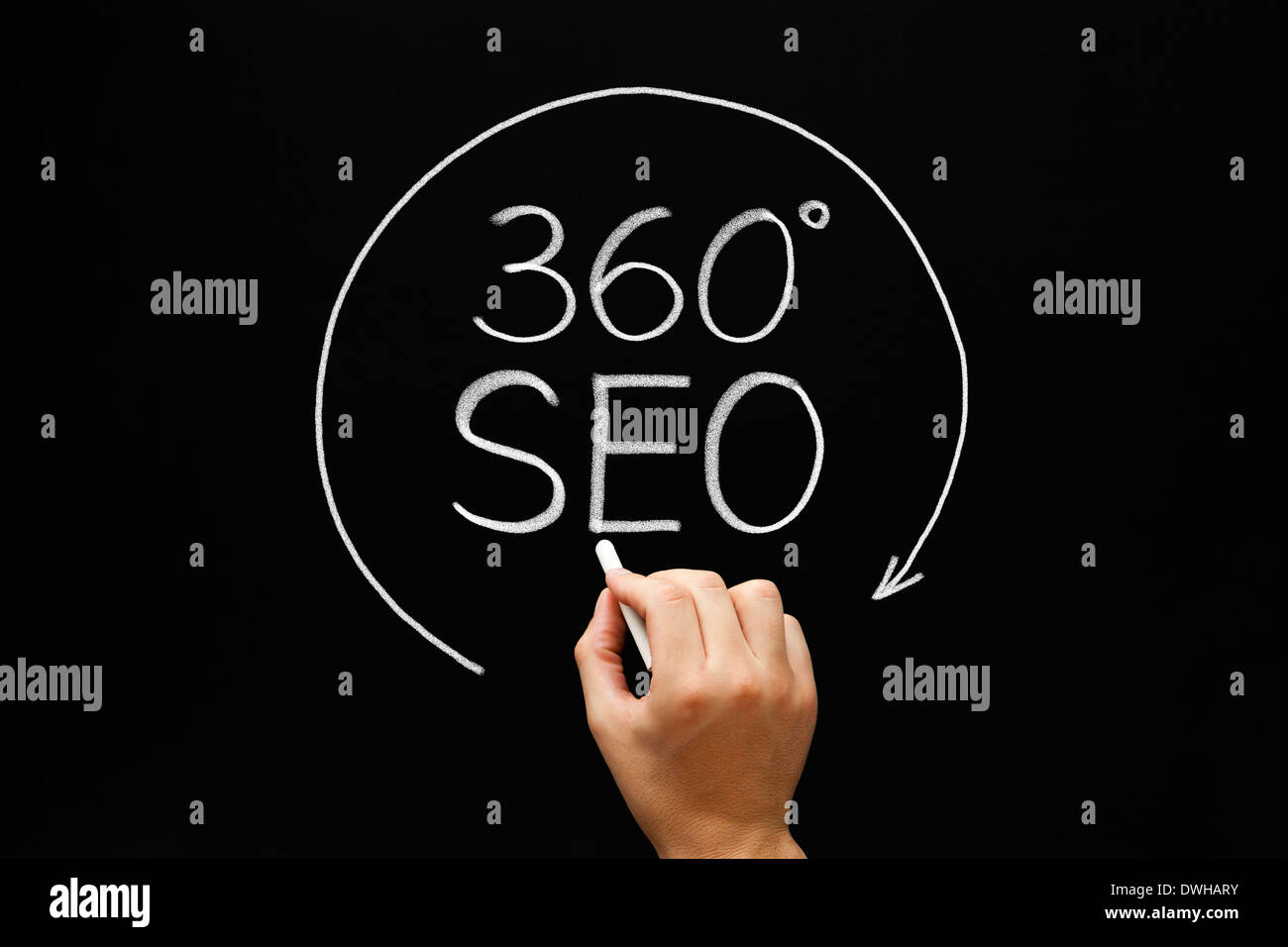 Croquis à main 360 degrés concept SEO avec craie blanche sur un tableau noir. Banque D'Images