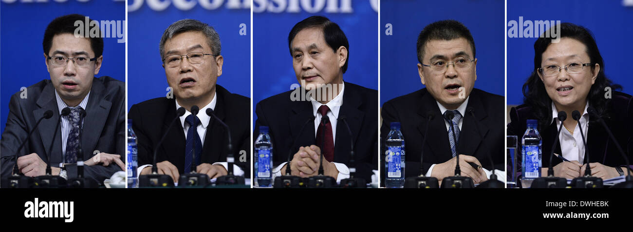 Beijing, Chine. Mar 9, 2014. La photo prise le 9 mars 2014 Crédit : montre L-R) Tiewei Zang, Yao Sheng, Liu Zhenwei, Kan Ke, Yuan Jie, offcials de Chine du Congrès National du Peuple (NPC) et de son Comité permanent, s'exprimant lors d'une conférence de presse pour la deuxième session de la 12e Assemblée populaire nationale, le travail législatif et de surveillance, Banque D'Images