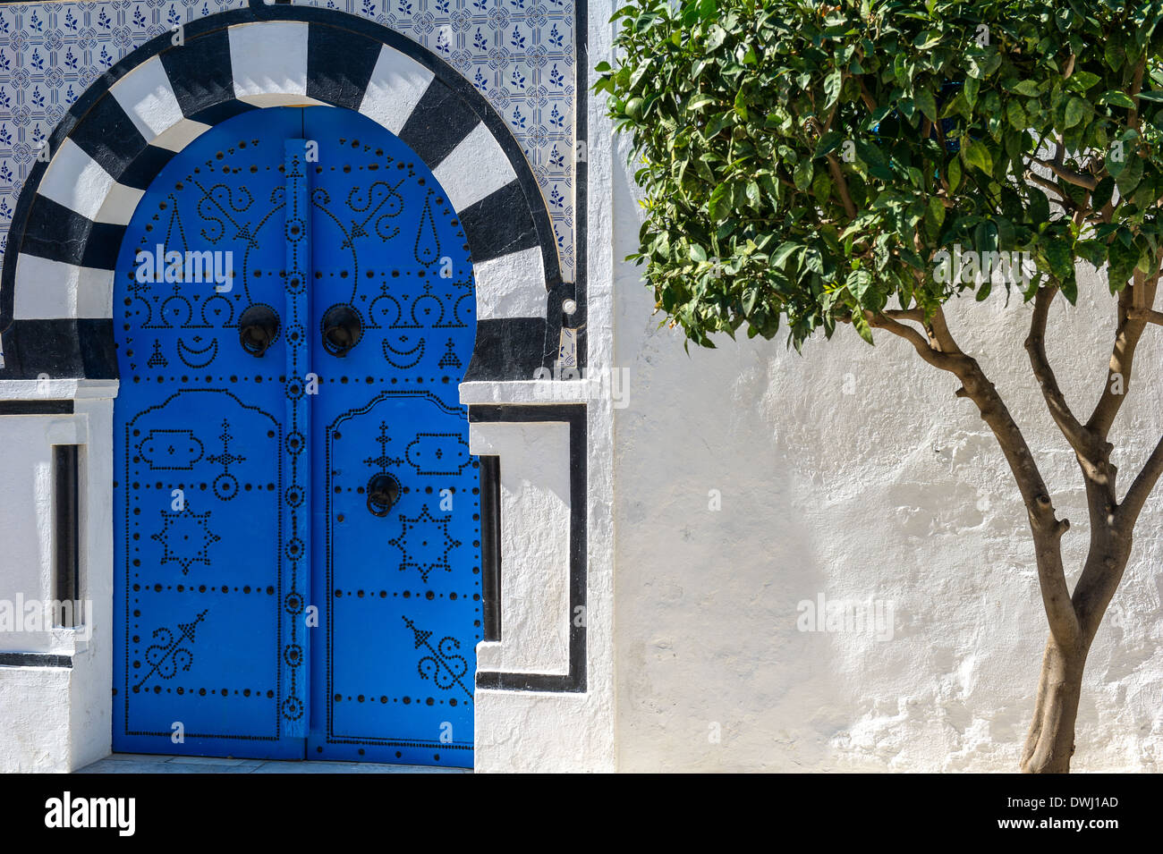 L'Afrique du Nord, Tunisie, Sidi Bou Said. Porte traditionnelle typique. Banque D'Images