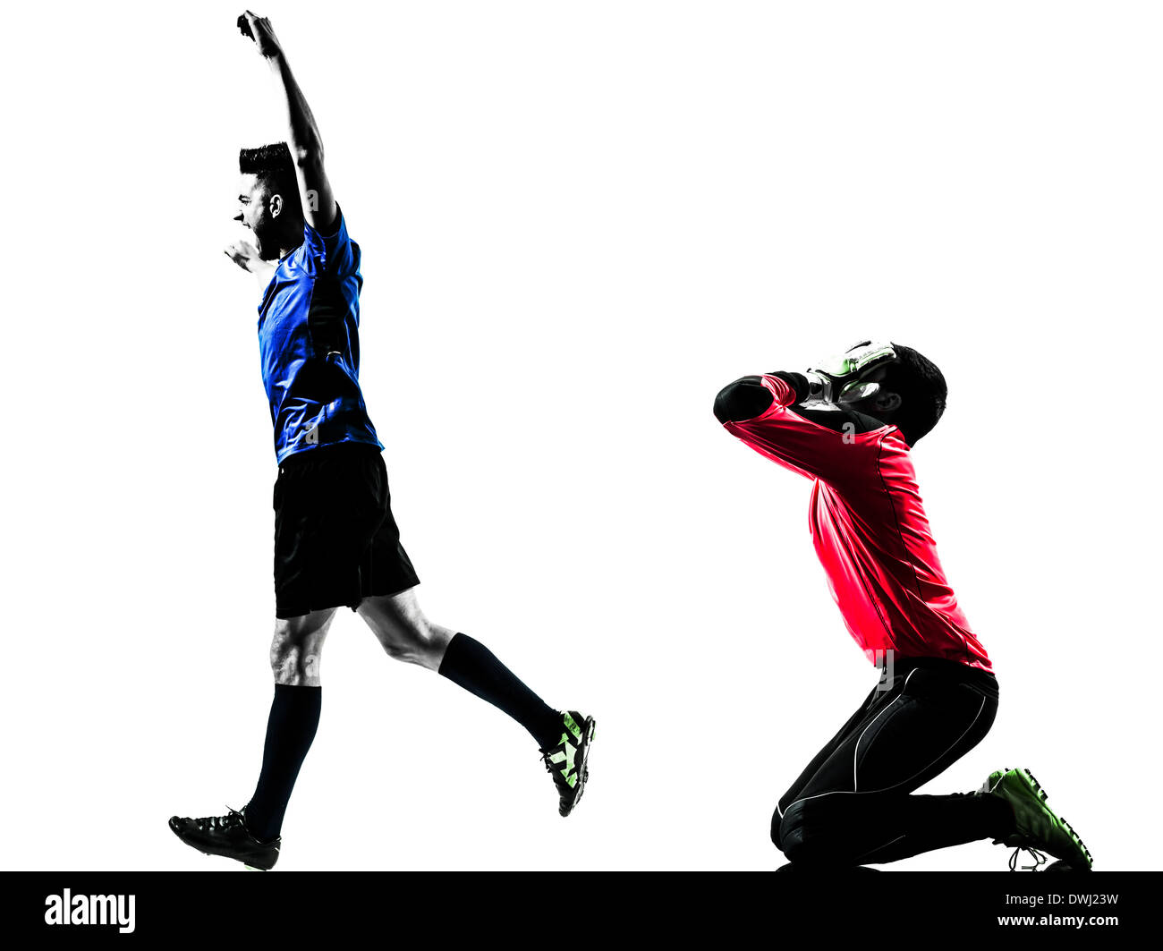 Deux joueur de football gardien de la concurrence des hommes isolés en silhouette fond blanc Banque D'Images