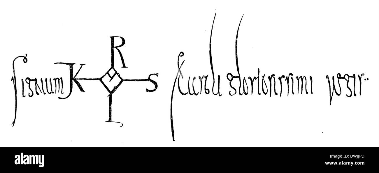 'Signum  + gloriosissimi Caroli regis'. Unterschrift Karls unter einer zu gegeben, Déclaration Kufstein suis 31. Août 790, manuscrit Banque D'Images