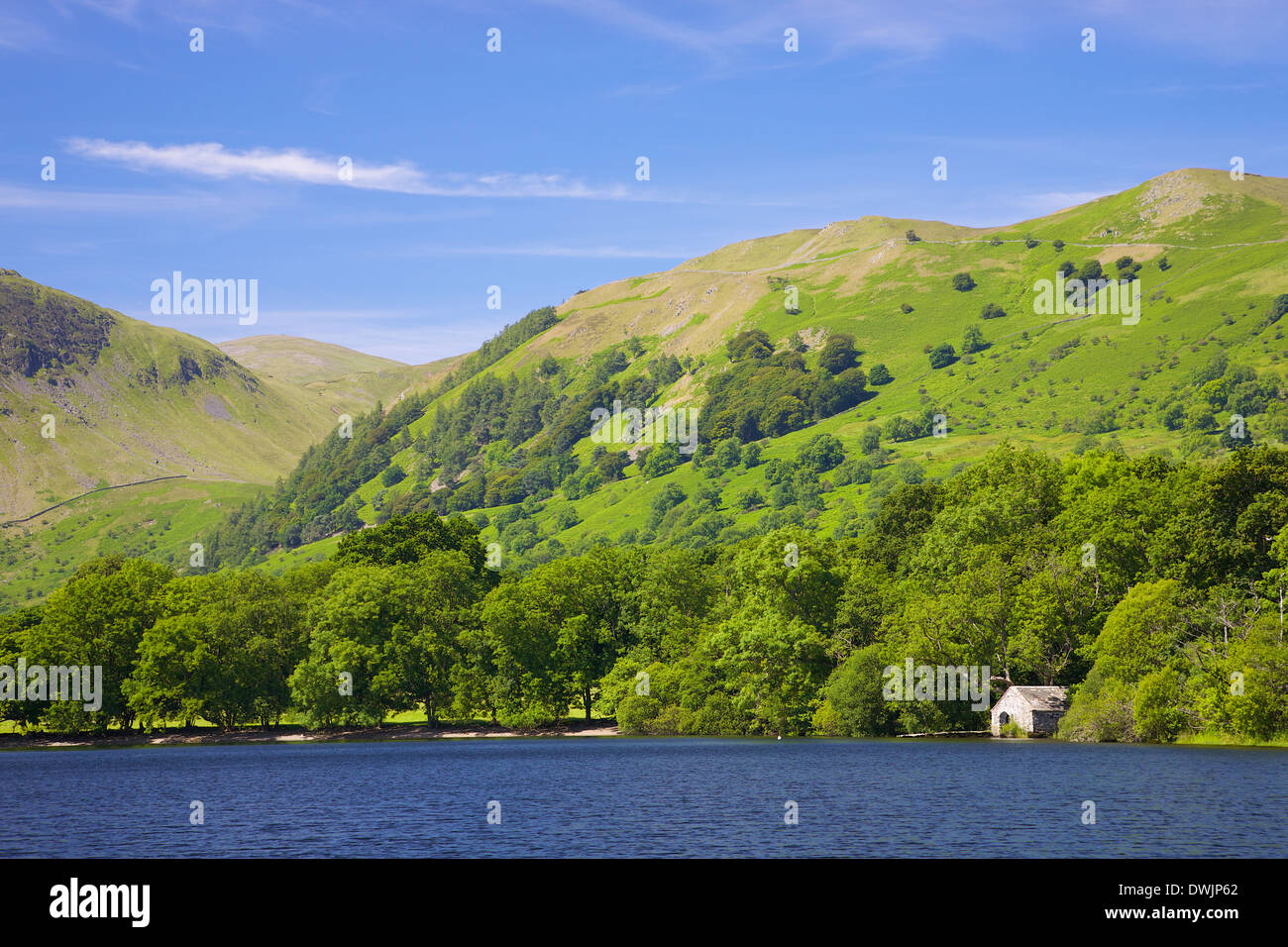 La scène du lac avec bateaux, arbres et collines. Le Lake District. L'été Banque D'Images