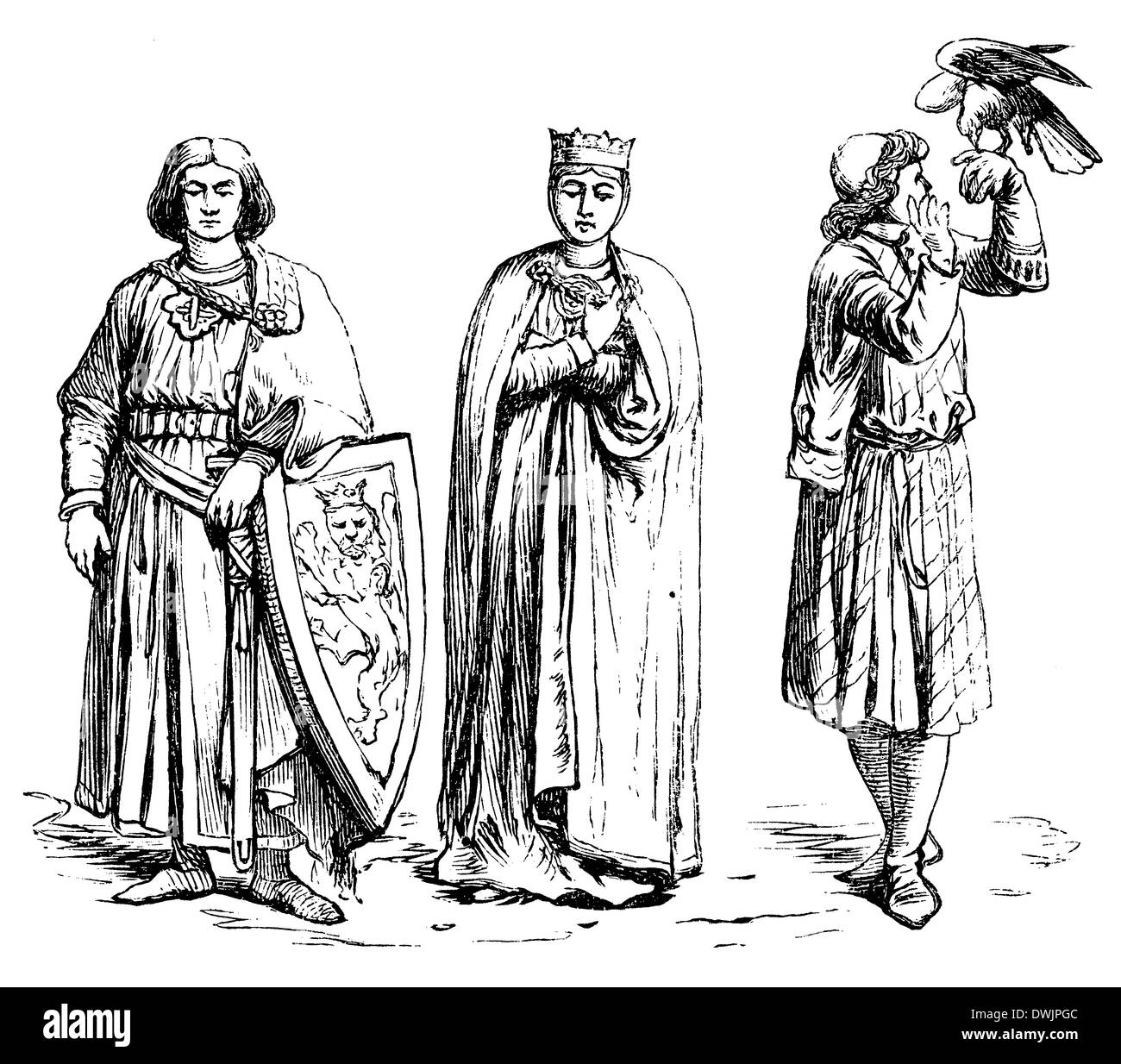 Les Allemands (1200-1300), gauche : Chevalier, centre : princesse, droite : falconer Banque D'Images