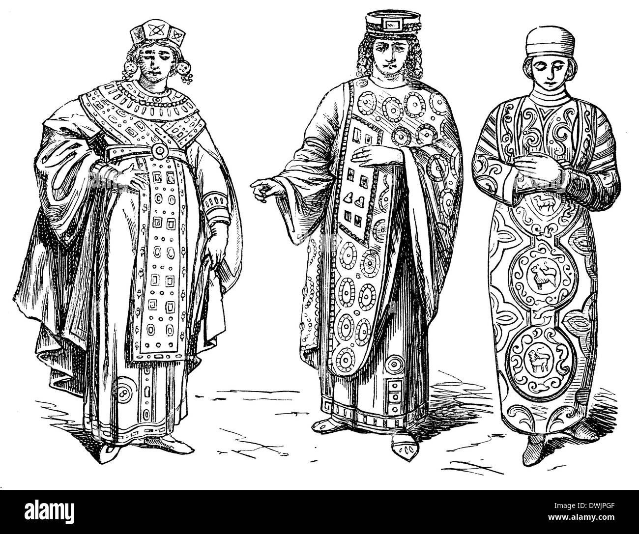 Les Byzantins, à gauche : Empress, centre : Kaiser, dignitaires : droit Banque D'Images