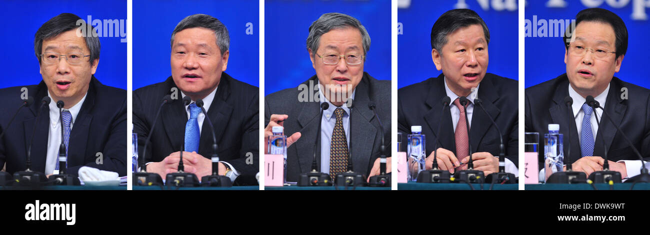 (140311) -- BEIJING, 11 mars 2014 (Xinhua) -- l'ensemble des photos prises le 11 mars 2014 spectacles (L-R) YI Gang, vice-gouverneur de la Banque populaire de Chine (PBC) et directeur de l'Administration d'état des devises étrangères, Xiao Gang, président de China Securities Regulatory Commission, Zhou Xiaochuan, gouverneur de la PBC, Shang Fulin, président de la Commission de Réglementation Bancaire de Chine et Xiang Junbo, président de la Commission de réglementation de l'assurance de la Chine, en participant à une conférence de presse pour la deuxième session de la 12e Assemblée populaire nationale (APN) sur la réforme financière à Beijing, capitale o Banque D'Images