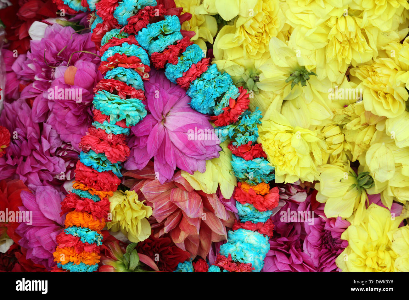 Fleurs et guirlandes en vente au marché aux fleurs à l'ombre de l'Haora Bridge à Kolkata, West Bengal, India Banque D'Images