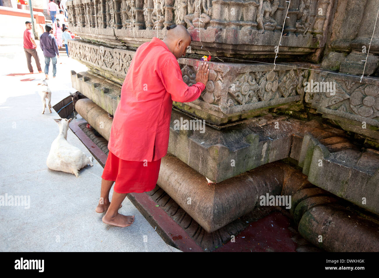 Pèlerin hindous vêtus de rouge et de l'exécution de dhoti kurta puja personnelle au Temple Kamakhya, Guwahati, Assam, Inde, Asie Banque D'Images