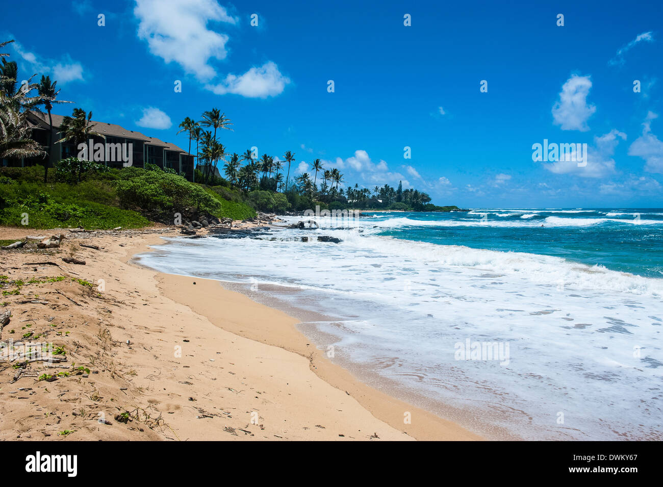 Plage de sable sur la plage de Kapaa Park sur l'île de Kauai, Hawaii, États-Unis d'Amérique, du Pacifique Banque D'Images