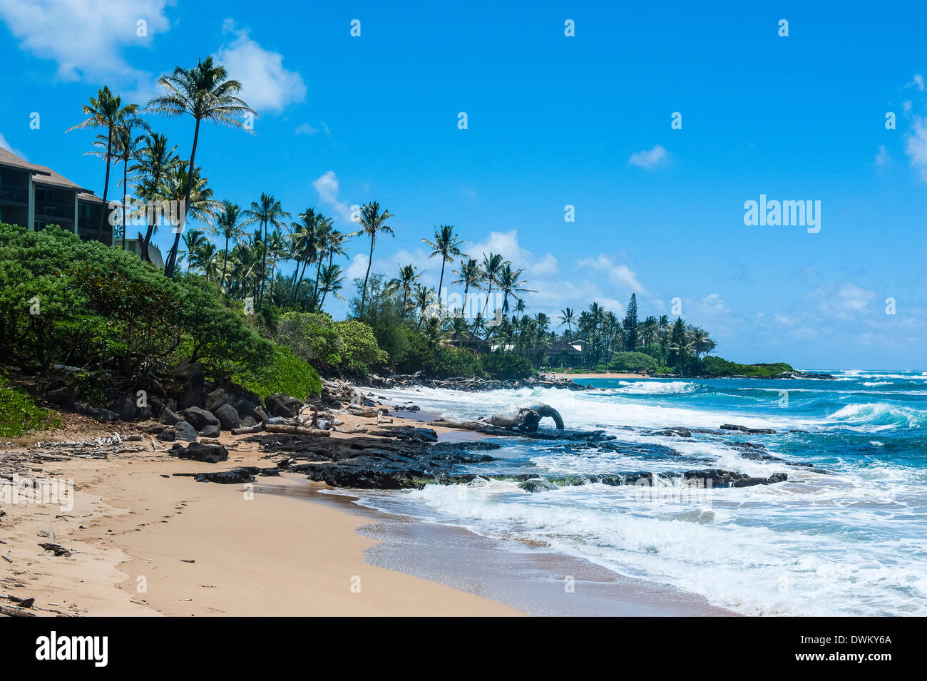 Plage de sable sur la plage de Kapaa Park sur l'île de Kauai, Hawaii, États-Unis d'Amérique, du Pacifique Banque D'Images