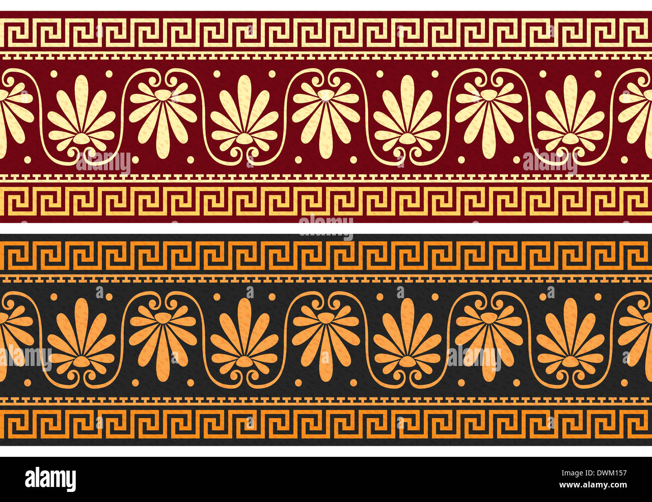 Frise avec set vintage golden et bleu ornement grec (méandre) et motif floral sur un fond rouge et noir Banque D'Images