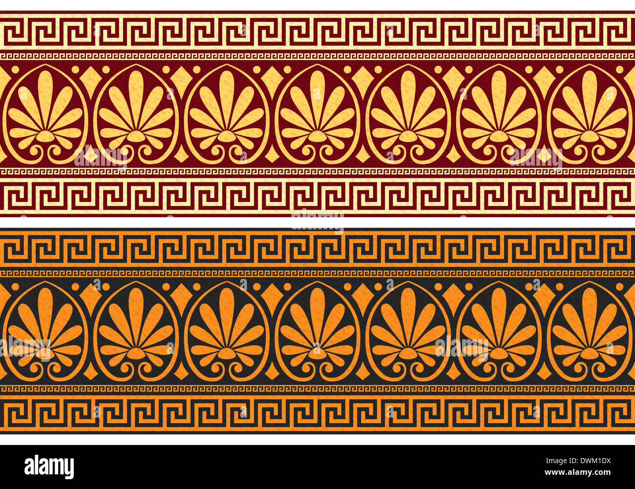 Frise avec set vintage golden et bleu ornement grec (méandre) et motif floral sur un fond rouge et noir Banque D'Images