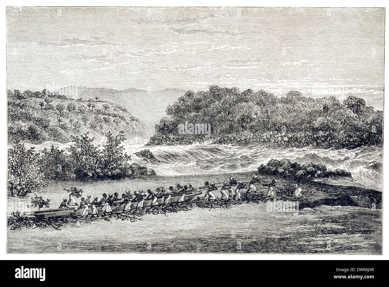 Au travail en passant l'extrémité inférieure de la première cataracte du Livingstone Falls près de Rocky Island Banque D'Images