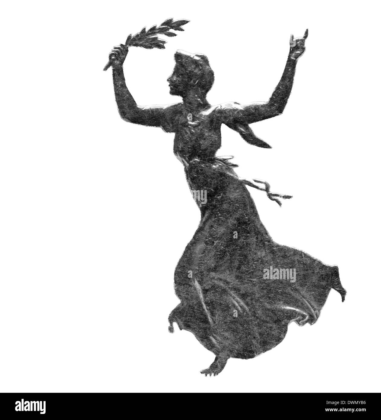 La figure de la renommée, à partir de 5 pièce d'argent de Corona, en Autriche, en 1908, sur fond blanc Banque D'Images
