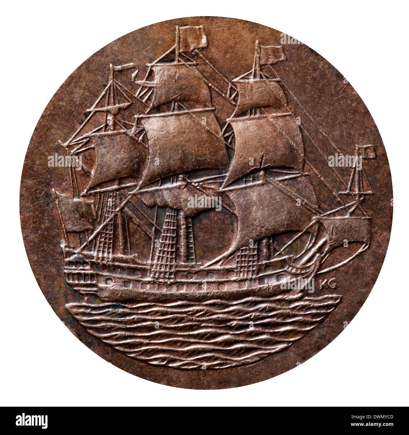 Bateau à voile (Dromedaris), à partir de 1 penny coin, Afrique du Sud, sur fond blanc, 1958 Banque D'Images