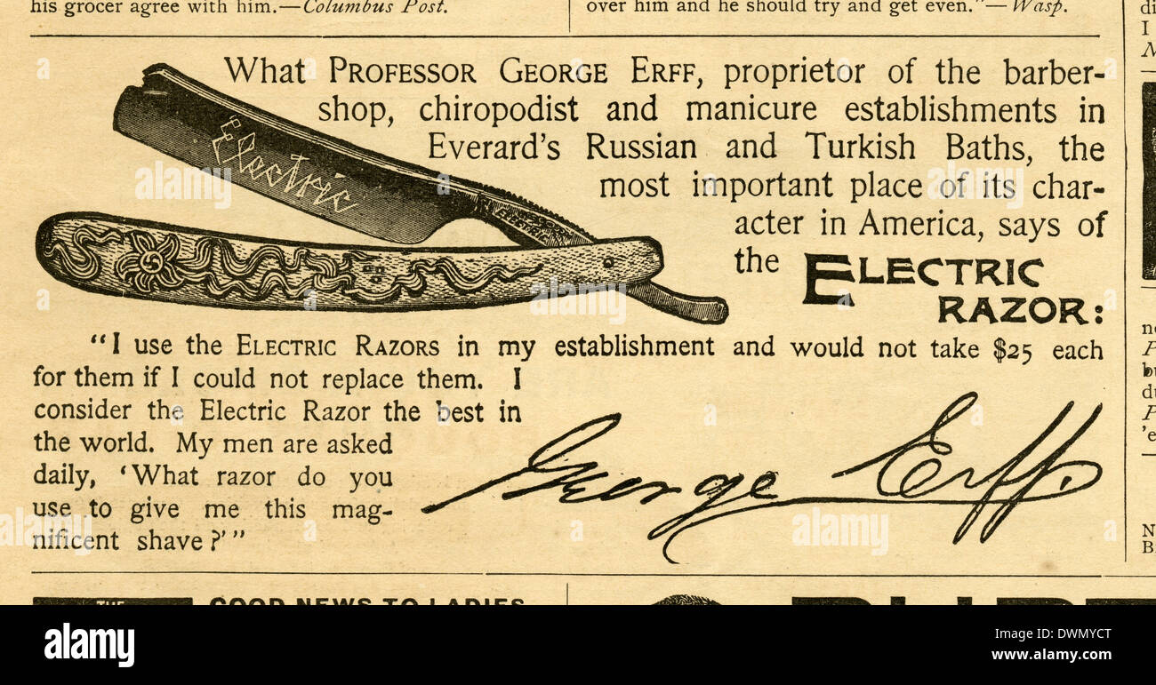 Publicité 1892, témoignage par le professeur George Erff pour le rasoir électrique rasoir droit. Banque D'Images