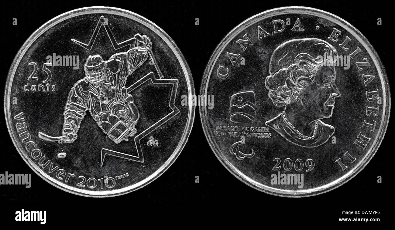 Pièce de 25 cents, le hockey sur luge, Jeux Olympiques d'hiver de Vancouver, Canada, 2009 Banque D'Images