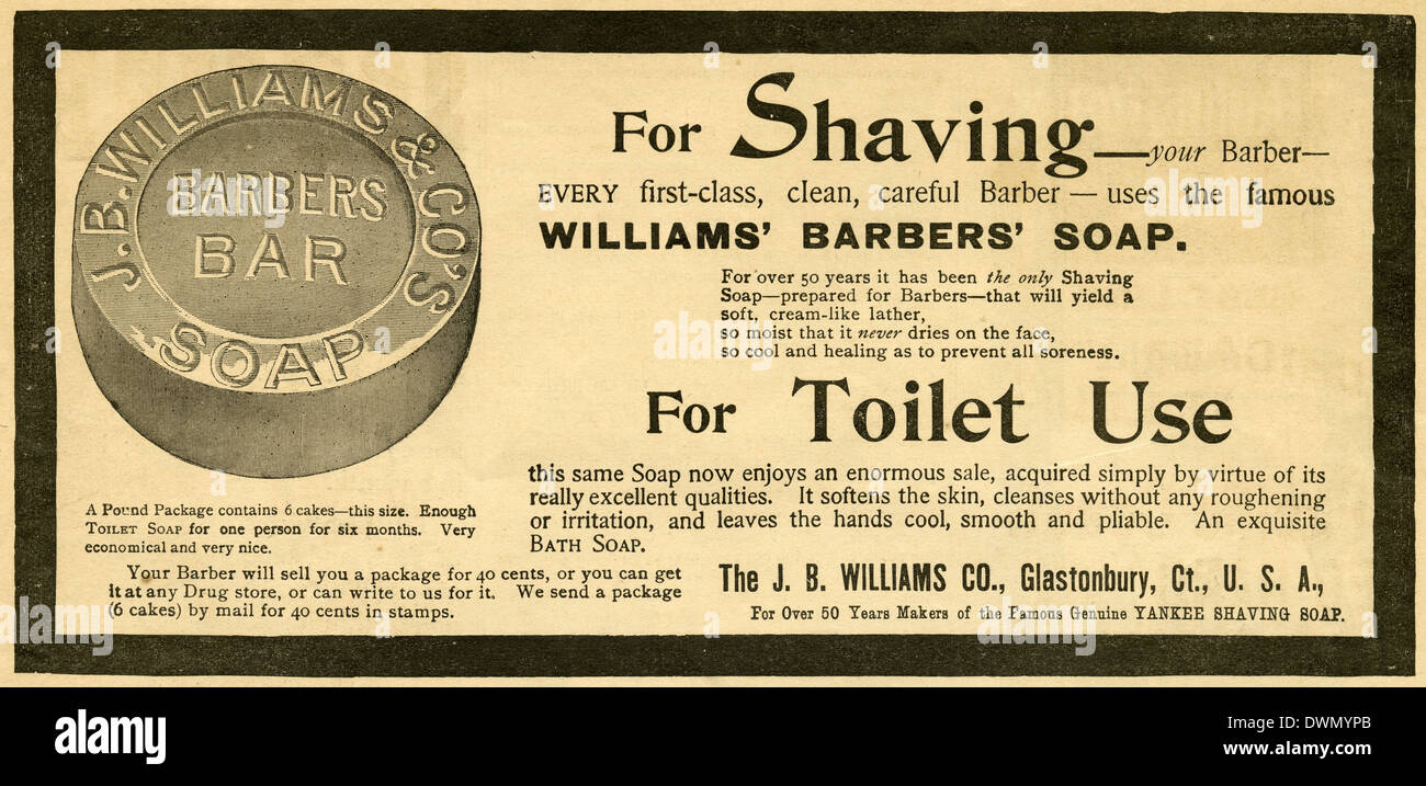 Publicité 1892, savon de rasage pour hommes pour le J.B. Williams Co de Glastonbury, Connecticut. Banque D'Images