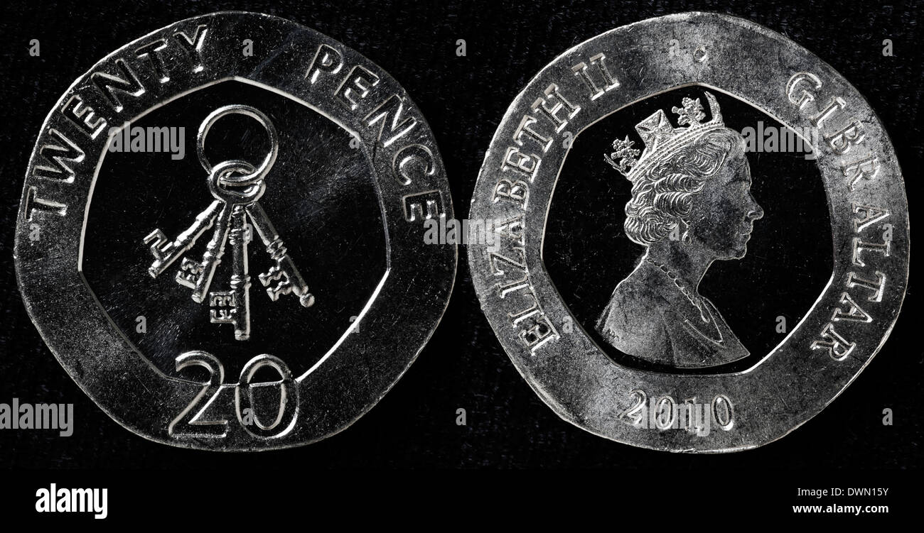 20 pence coins, Gibraltar, 2010 Banque D'Images