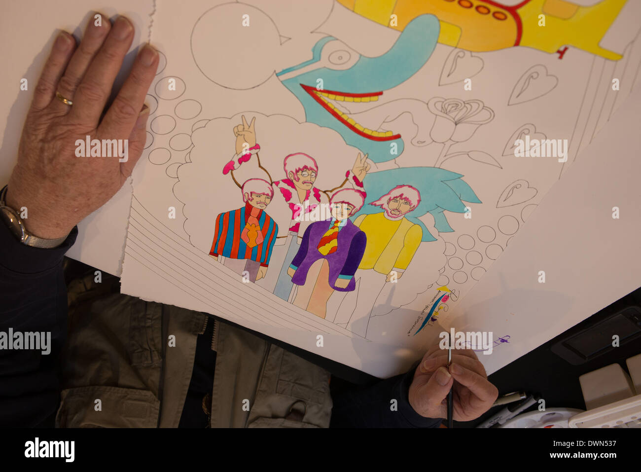 Austin, Texas, États-Unis. 11 mars 2014 - Beatles Yellow Submarine animator RON CAMPBELL peint à l'état sauvage sur la musique pendant le festival SXSW interactive 2014, Austin, Texas (Image Crédit : Crédit : Sandy Carson/ZUMAPRESS.com/Alamy Live News) Banque D'Images