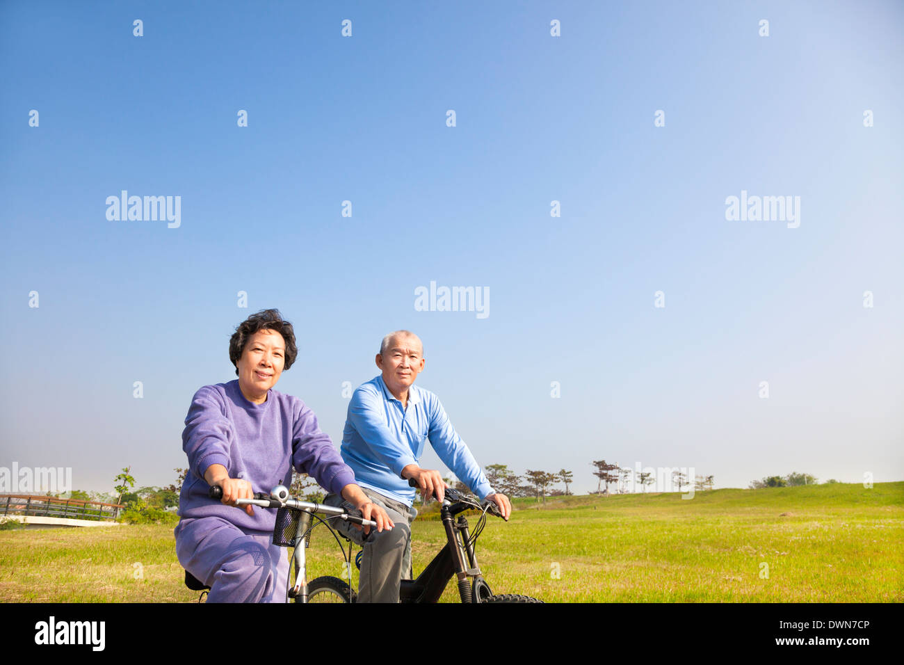 Heureux et smiling asian seniors couple walking in the park Banque D'Images