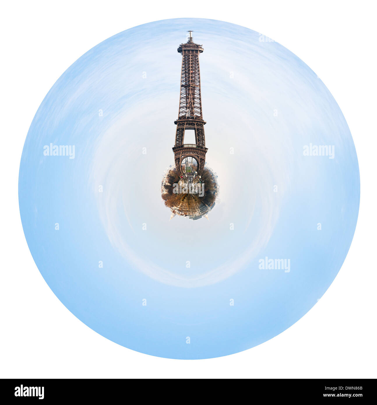 Petite Planète - urbain paysage urbain de sphérique avec de grands Paris Tour Eiffel isolé sur fond blanc Banque D'Images