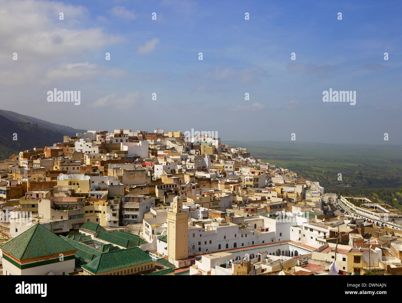 Vue aérienne de les toits de la ville sacrée de Moulay Idriss, y compris zaouïa de Moulay Idriss, le Maroc, l'Afrique Banque D'Images