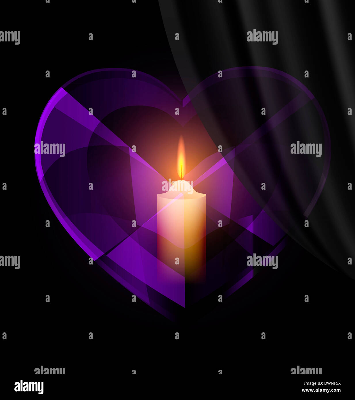Fond sombre et dark purple heart-crystal avec bougie à l'intérieur Banque D'Images