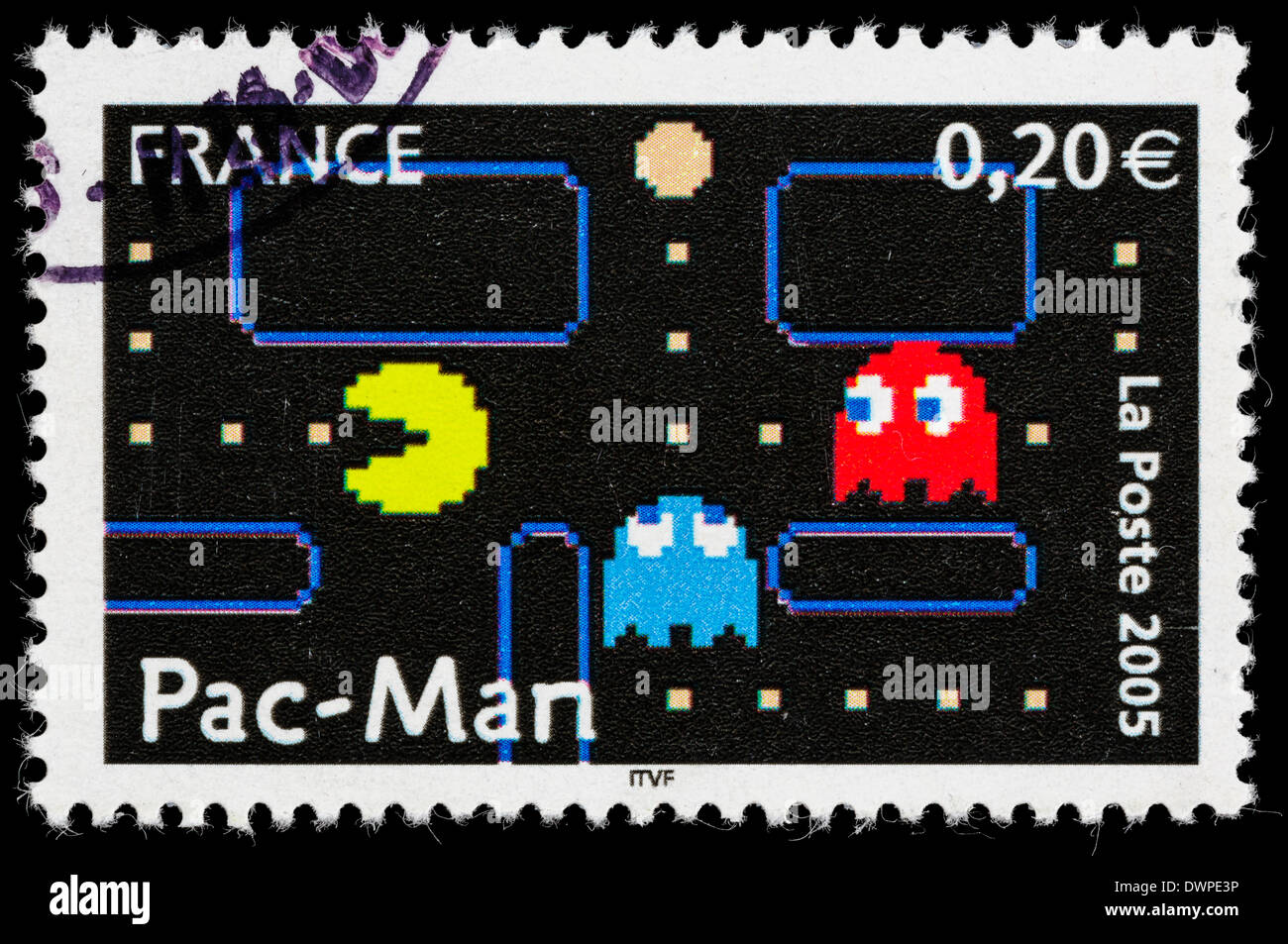 France 2005 Timbre-poste avec une illustration à partir des années 1980, jeu vidéo d'arcade Pac-Man. Banque D'Images